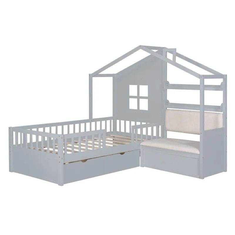 Lit cabane une place avec canapé intégré, lit plateforme enfant avec deux tiroirs et une étagère de rangement, gris