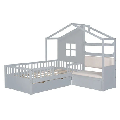 Lit cabane une place avec canapé intégré, lit plateforme enfant avec deux tiroirs et une étagère de rangement, gris