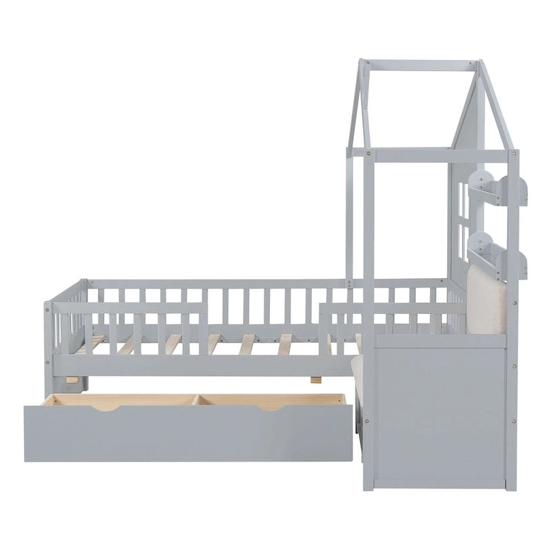 Lit cabane une place avec canapé intégré, lit plateforme enfant avec deux tiroirs et une étagère de rangement, gris