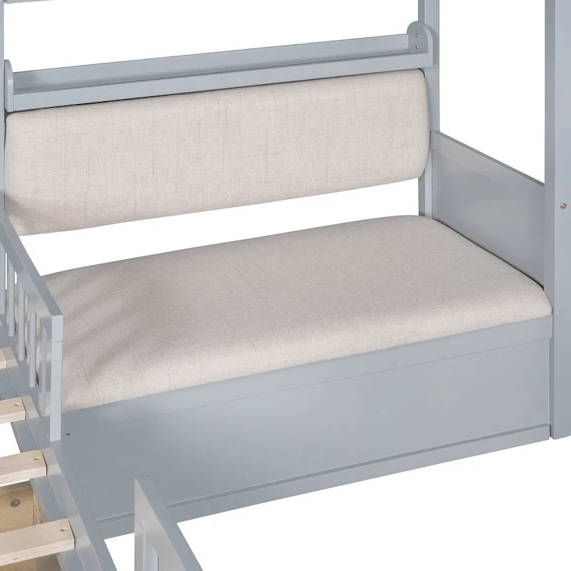 Lit cabane une place avec canapé intégré, lit plateforme enfant avec deux tiroirs et une étagère de rangement, gris