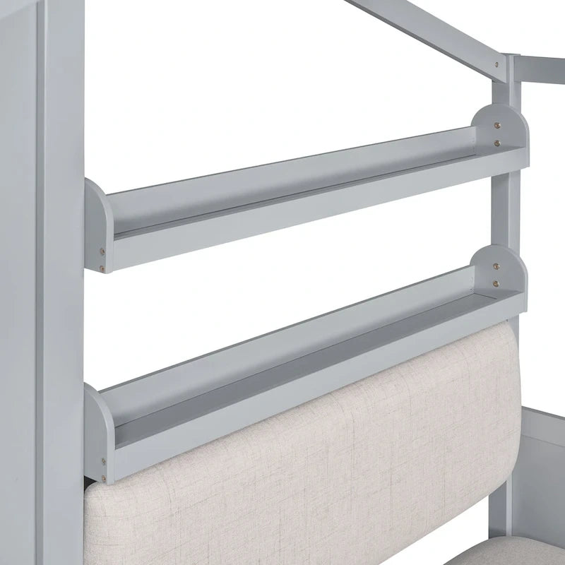 Lit cabane une place avec canapé intégré, lit plateforme enfant avec deux tiroirs et une étagère de rangement, gris