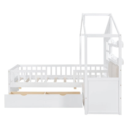 Lit cabane une place avec canapé intégré, lit plateforme enfant avec deux tiroirs et une étagère de rangement, gris