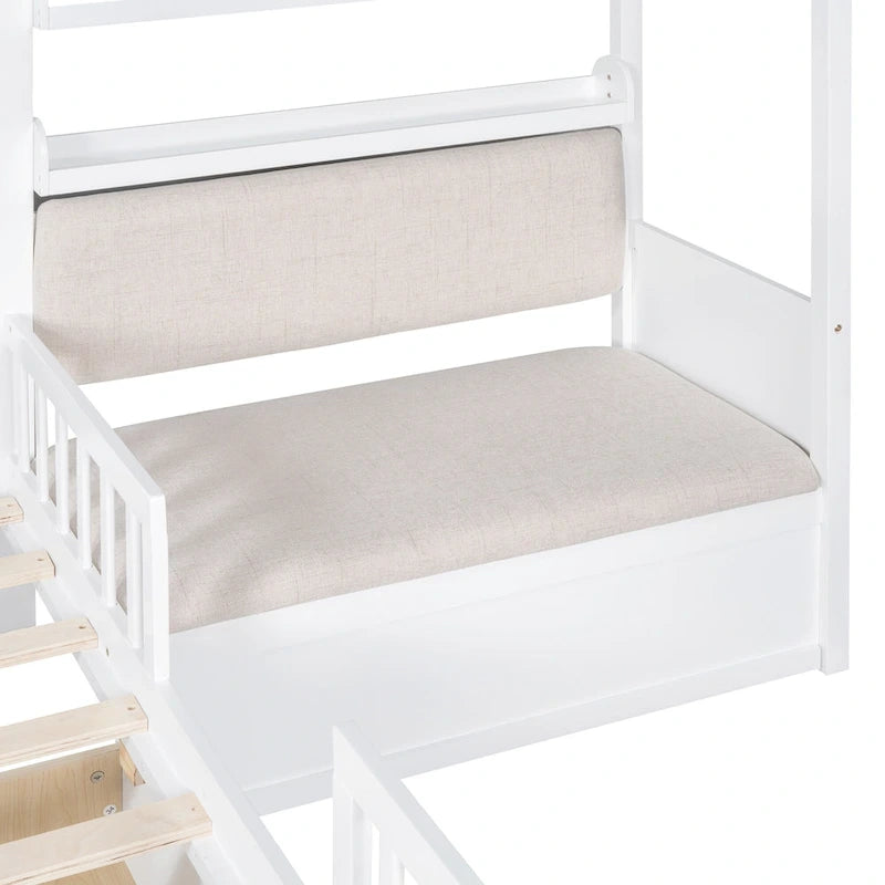 Lit cabane une place avec canapé intégré, lit plateforme enfant avec deux tiroirs et une étagère de rangement, gris