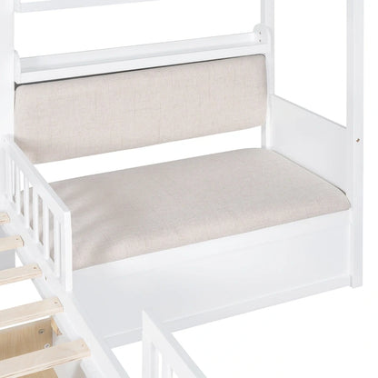 Lit cabane une place avec canapé intégré, lit plateforme enfant avec deux tiroirs et une étagère de rangement, gris