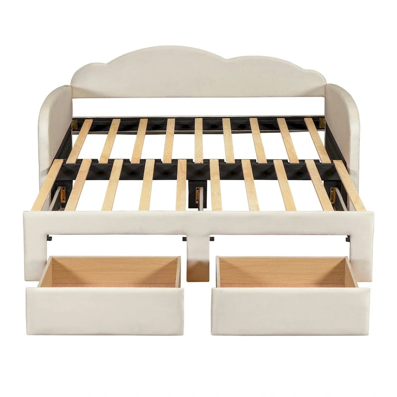 Lit de jour rembourré une place avec dossier en forme de nuage, lit gigogne, 2 tiroirs et ports USB, beige
