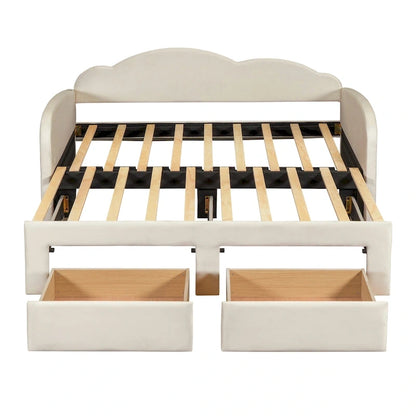 Lit de jour rembourré une place avec dossier en forme de nuage, lit gigogne, 2 tiroirs et ports USB, beige