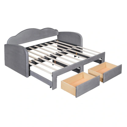 Lit de jour rembourré une place avec dossier en forme de nuage, lit gigogne, 2 tiroirs et ports USB, beige