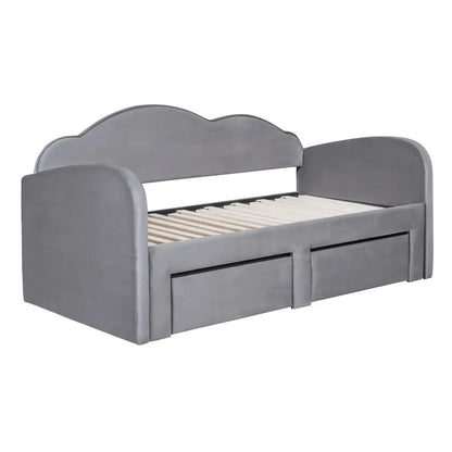 Lit de jour rembourré une place avec dossier en forme de nuage, lit gigogne, 2 tiroirs et ports USB, beige