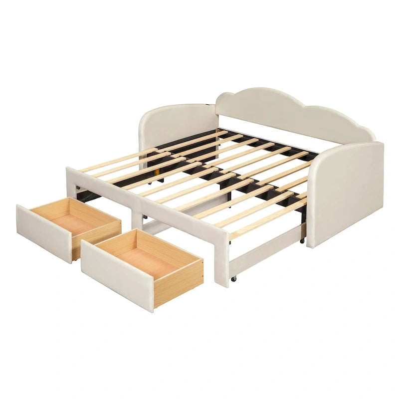 Lit de jour rembourré une place avec dossier en forme de nuage, lit gigogne, 2 tiroirs et ports USB, beige