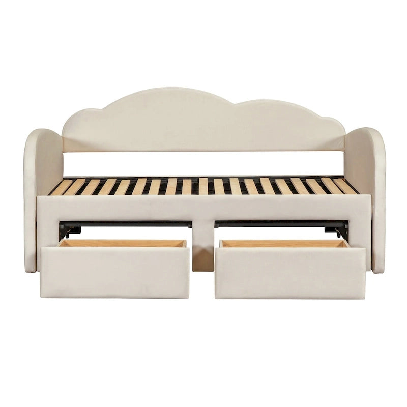 Lit de jour rembourré une place avec dossier en forme de nuage, lit gigogne, 2 tiroirs et ports USB, beige