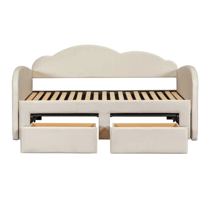Lit de jour rembourré une place avec dossier en forme de nuage, lit gigogne, 2 tiroirs et ports USB, beige
