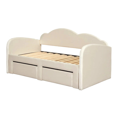Lit de jour rembourré une place avec dossier en forme de nuage, lit gigogne, 2 tiroirs et ports USB, beige