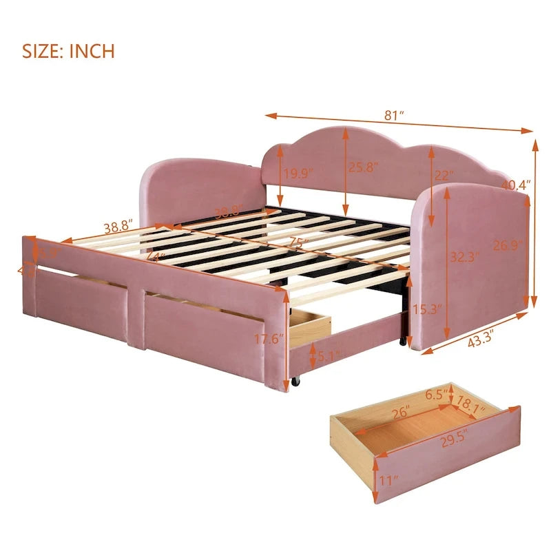 Lit de jour rembourré une place avec dossier en forme de nuage, lit gigogne, 2 tiroirs et ports USB, beige