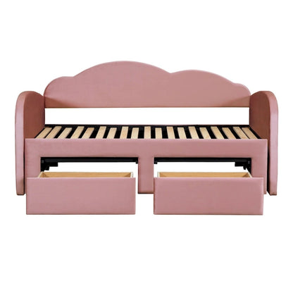 Lit de jour rembourré une place avec dossier en forme de nuage, lit gigogne, 2 tiroirs et ports USB, beige