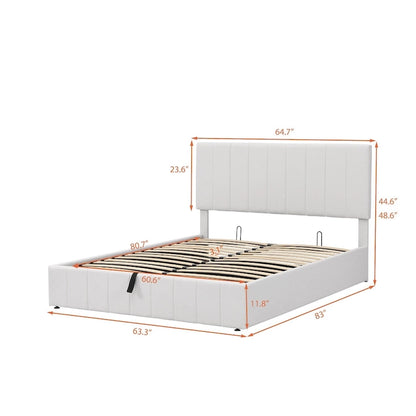 Lit plateforme rembourré Queen size avec système de rangement hydraulique - Beige