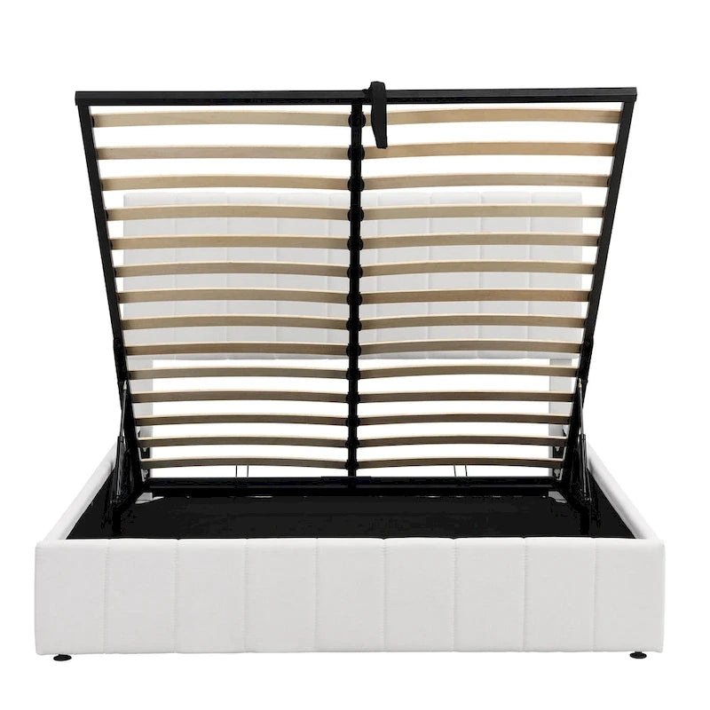 Lit plateforme rembourré Queen size avec système de rangement hydraulique - Beige