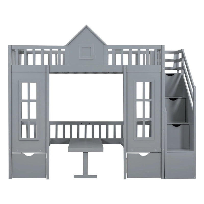 Lit superposé deux places avec table modulable, lit supérieur transformable en lit et bureau en dessous - Gris