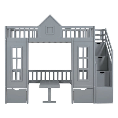 Lit superposé deux places avec table modulable, lit supérieur transformable en lit et bureau en dessous - Gris