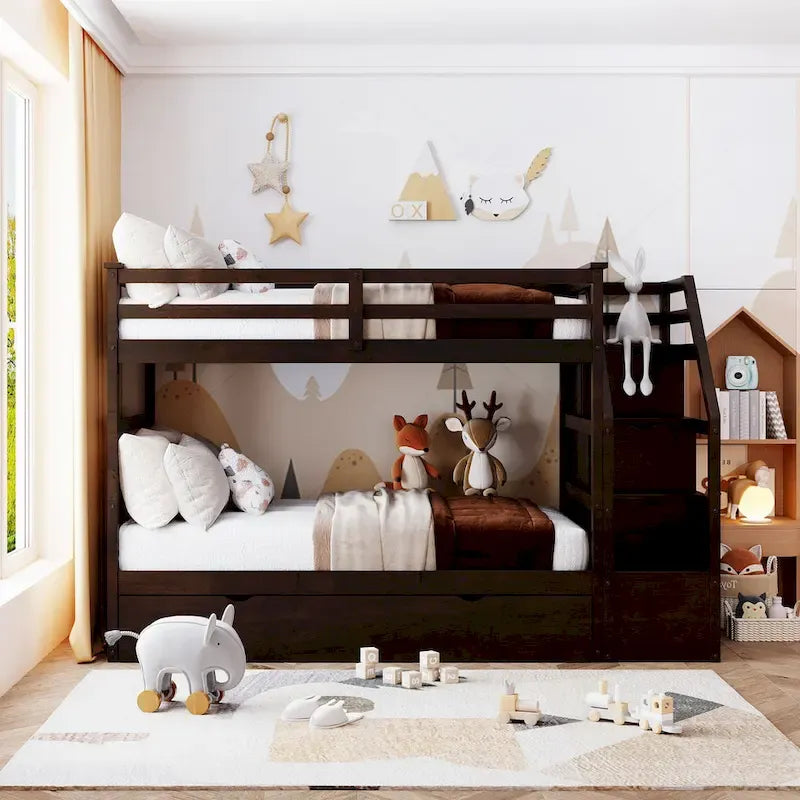 Lit superposé simple avec lit gigogne simple et 3 marches de rangement, couleur expresso