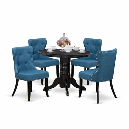 Ensemble de table de cuisine East West Furniture : une table à manger ronde et des chaises Parson en lin bleu, noires (nombre de pièces au choix)