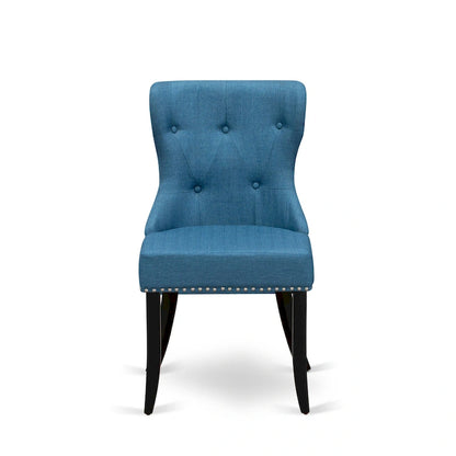 Ensemble de table de cuisine East West Furniture : une table à manger ronde et des chaises Parson en lin bleu, noires (nombre de pièces au choix)