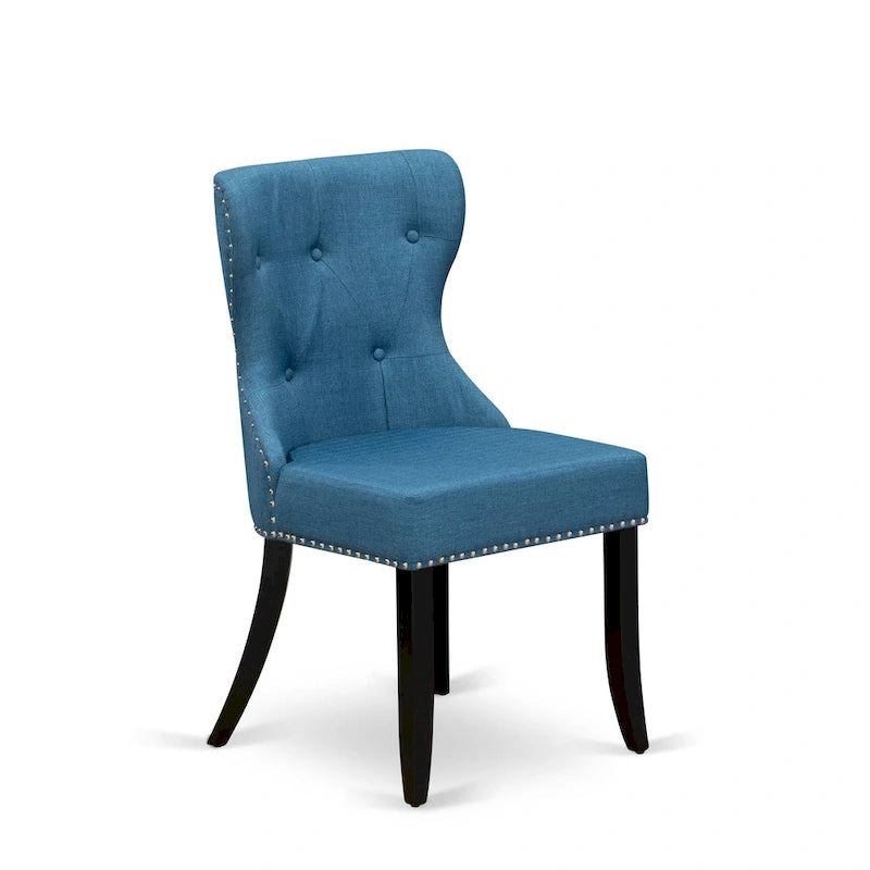 Ensemble de table de cuisine East West Furniture : une table à manger ronde et des chaises Parson en lin bleu, noires (nombre de pièces au choix)