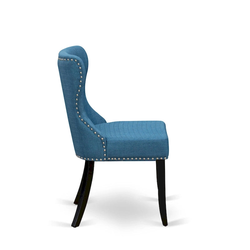 Ensemble de table de cuisine East West Furniture : une table à manger ronde et des chaises Parson en lin bleu, noires (nombre de pièces au choix)