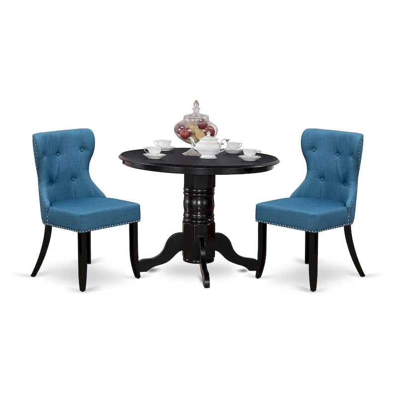 Ensemble de table de cuisine East West Furniture : une table à manger ronde et des chaises Parson en lin bleu, noires (nombre de pièces au choix)