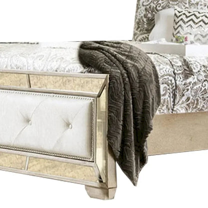 Lit Queen Size en bois recouvert de similicuir, or et argent