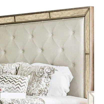 Lit Queen Size en bois recouvert de similicuir, or et argent