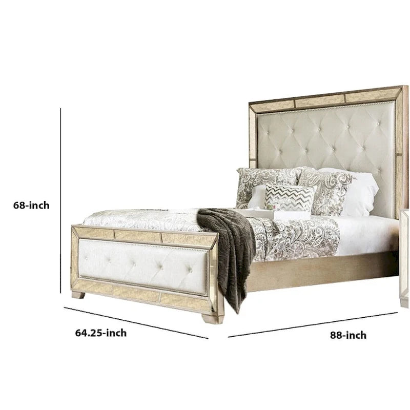 Lit Queen Size en bois recouvert de similicuir, or et argent