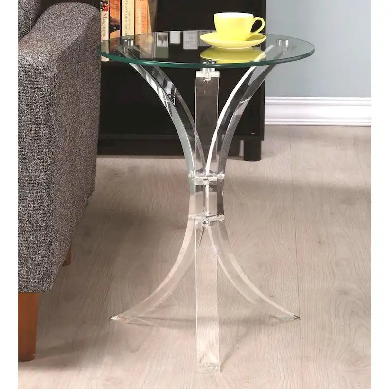 Table d'appoint moderne avec piètement incurvé et plateau en verre