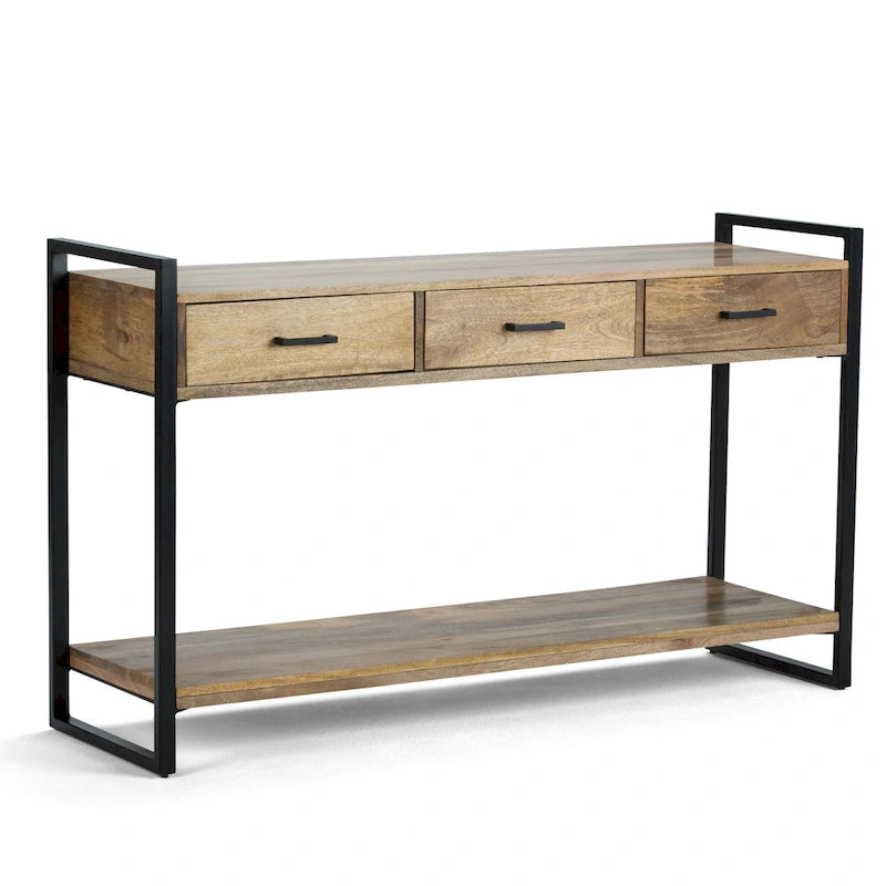 Console/table basse moderne de style industriel WYNDENHALL Lawson en bois de manguier massif et métal, 137 cm de large, finition naturelle - 140 cm L x 41 cm P x 81 cm H