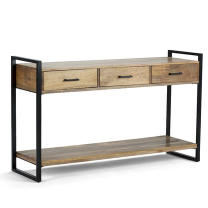 Console/table basse moderne de style industriel WYNDENHALL Lawson en bois de manguier massif et métal, 137 cm de large, finition naturelle - 140 cm L x 41 cm P x 81 cm H