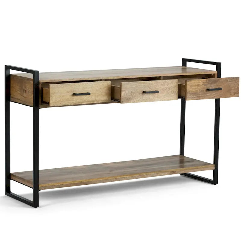 Console/table basse moderne de style industriel WYNDENHALL Lawson en bois de manguier massif et métal, 137 cm de large, finition naturelle - 140 cm L x 41 cm P x 81 cm H