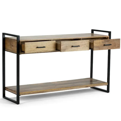Console/table basse moderne de style industriel WYNDENHALL Lawson en bois de manguier massif et métal, 137 cm de large, finition naturelle - 140 cm L x 41 cm P x 81 cm H