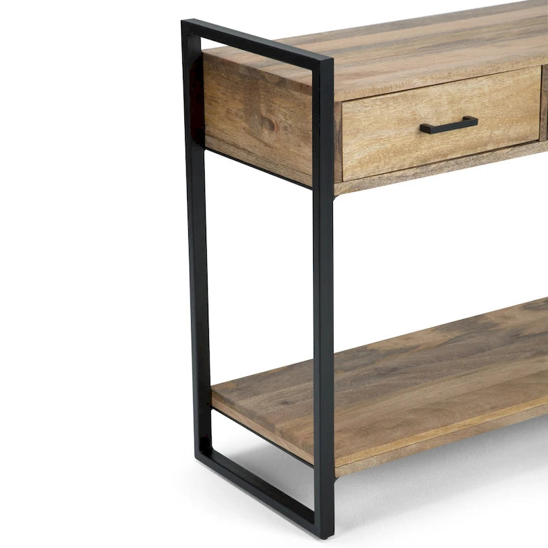 Console/table basse moderne de style industriel WYNDENHALL Lawson en bois de manguier massif et métal, 137 cm de large, finition naturelle - 140 cm L x 41 cm P x 81 cm H