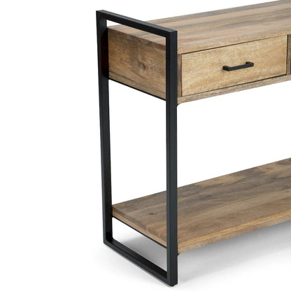 Console/table basse moderne de style industriel WYNDENHALL Lawson en bois de manguier massif et métal, 137 cm de large, finition naturelle - 140 cm L x 41 cm P x 81 cm H