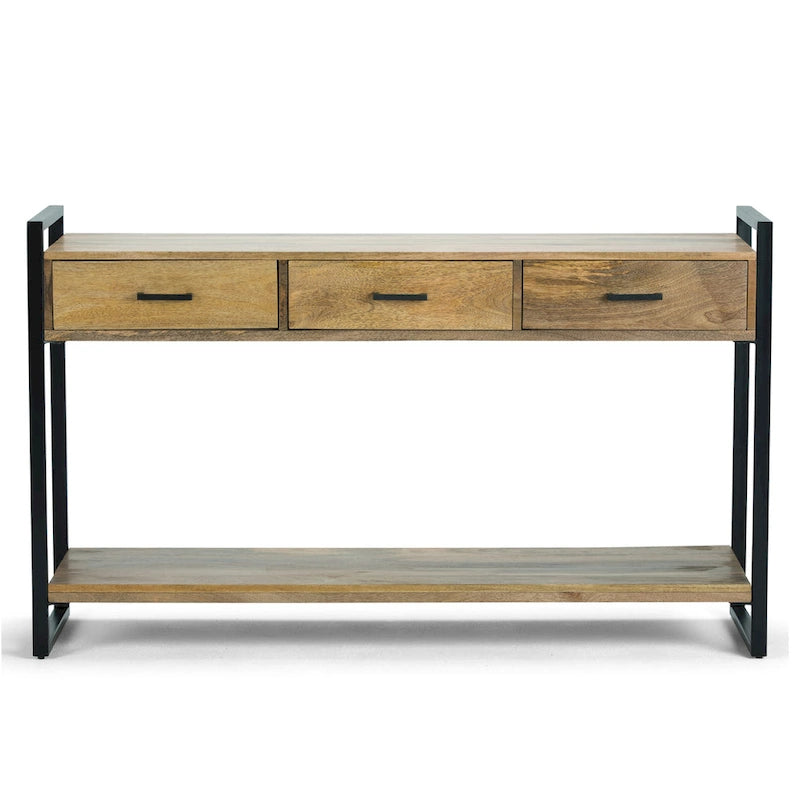 Console/table basse moderne de style industriel WYNDENHALL Lawson en bois de manguier massif et métal, 137 cm de large, finition naturelle - 140 cm L x 41 cm P x 81 cm H