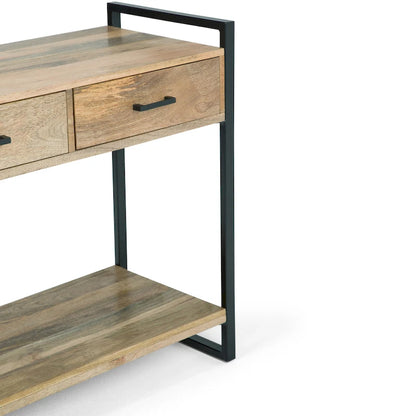 Console/table basse moderne de style industriel WYNDENHALL Lawson en bois de manguier massif et métal, 137 cm de large, finition naturelle - 140 cm L x 41 cm P x 81 cm H