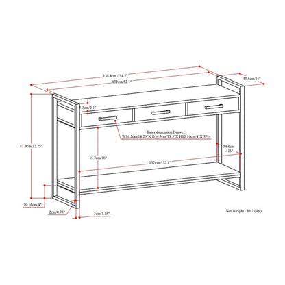 Console/table basse moderne de style industriel WYNDENHALL Lawson en bois de manguier massif et métal, 137 cm de large, finition naturelle - 140 cm L x 41 cm P x 81 cm H