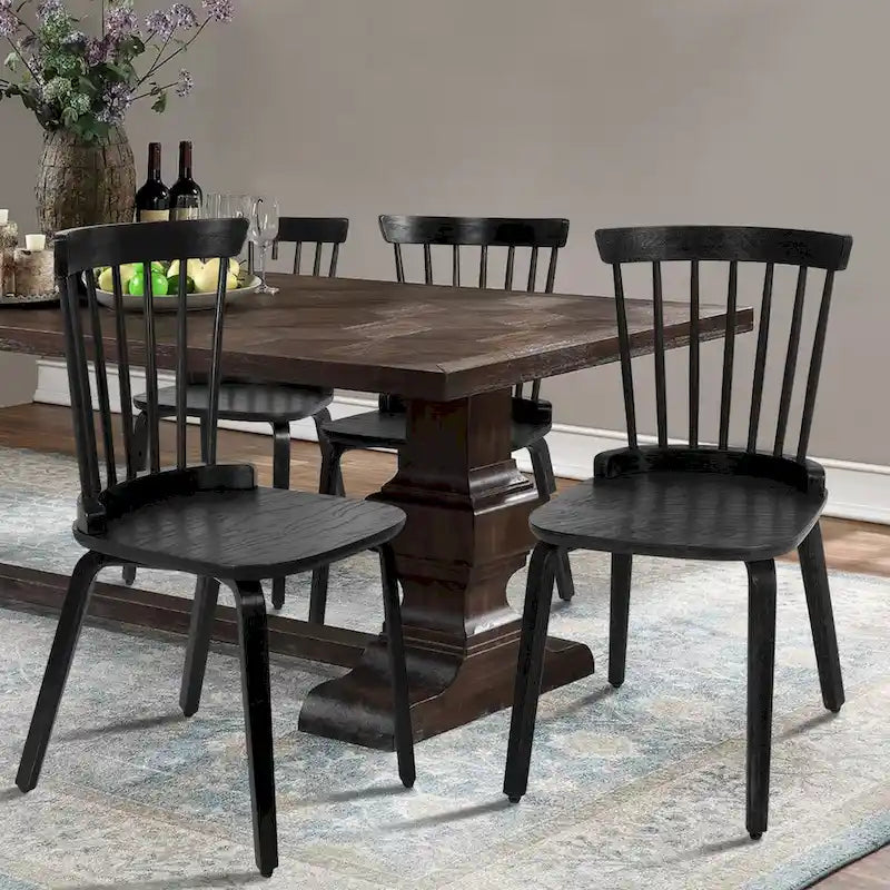 Farmhouse Spindle-back Windsor Dining Chairs with Bentwood Legs, Black - 33.5H x 17.72W x 19.7D