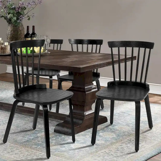 Farmhouse Spindle-back Windsor Dining Chairs with Bentwood Legs, Black - 33.5H x 17.72W x 19.7D