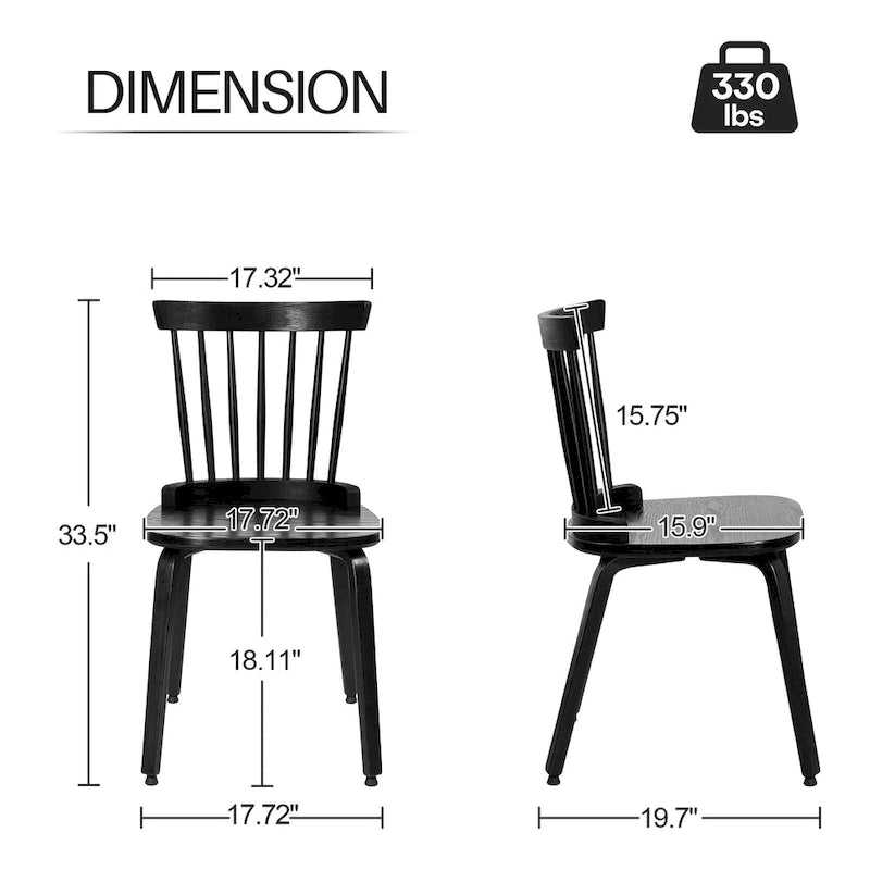 Chaises de salle à manger Windsor à dossier à fuseaux et pieds en bois courbé, noires - 85 cm (H) x 45 cm (L) x 50 cm (P)