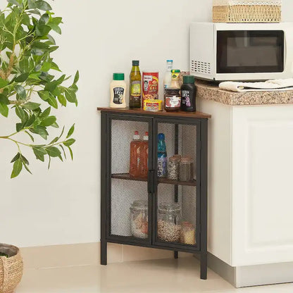 Table d'angle triangulaire de style industriel avec armoire de rangement à double porte et à 3 niveaux