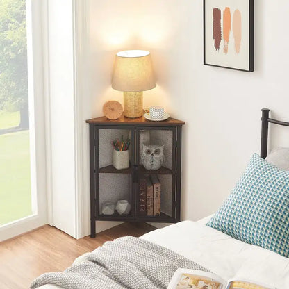 Table d'angle triangulaire de style industriel avec armoire de rangement à double porte et à 3 niveaux