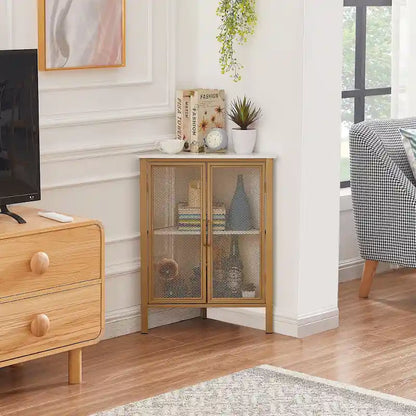 Table d'angle triangulaire de style industriel avec armoire de rangement à double porte et à 3 niveaux