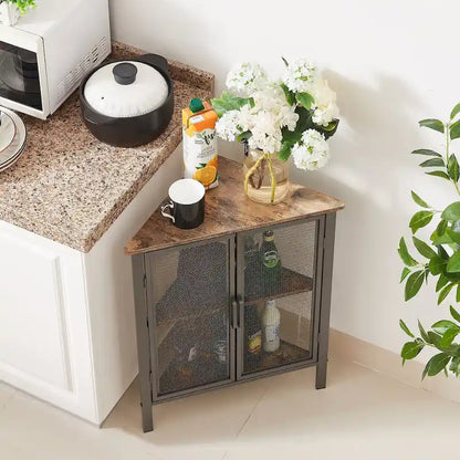 Table d'angle triangulaire de style industriel avec armoire de rangement à double porte et à 3 niveaux