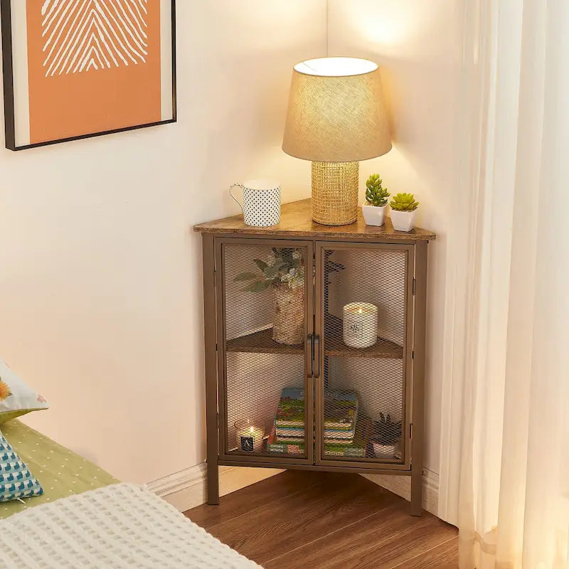 Table d'angle triangulaire de style industriel avec armoire de rangement à double porte et à 3 niveaux