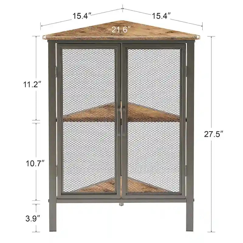 Table d'angle triangulaire de style industriel avec armoire de rangement à double porte et à 3 niveaux